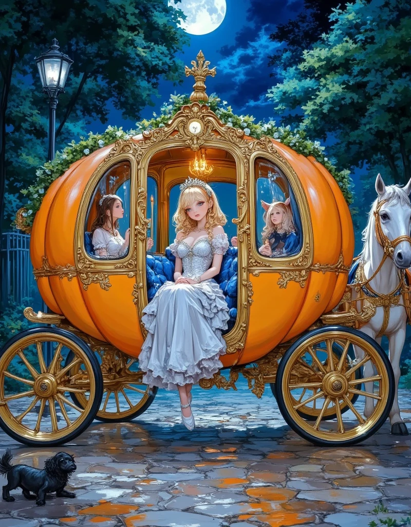 A grand pumpkin carriage rolls gracefully down a moonlit cobblestone path. The carriage, a vibrant orange hue, glows faintly from the inside, its surface intricately adorned with swirling gold filigree and delicate vines. Large, perfectly carved windows with golden frames offer a glimpse into the interior, where plush velvet curtains of deep royal blue drape elegantly. The wheels of the carriage are forged from polished brass, with fine, ornate spokes that catch the light with every turn, reflecting a soft gleam.

Inside the carriage, a young princess sits poised, her gown of silk and lace cascading around her in delicate layers of pastel blues and whites, shimmering under the soft candlelight. The seats are upholstered in plush velvet, matching the curtains, and golden embroidery traces intricate floral patterns across the fabric. The ceiling of the carriage is domed, with crystal chandeliers hanging, casting soft glints of light that dance across the walls. The air inside is filled with the faint scent of jasmine, adding a touch of enchantment to the royal setting.

Outside, the carriage is drawn by four majestic white horses, their manes braided with ribbons, their saddles adorned with more golden accents. As the carriage moves, the soft clinking of harnesses and the gentle creaking of the wheels create a rhythm in the serene, magical night. A fairy-tale scene brought to life, with the princess gazing out the window, her face illuminated by the golden glow of the enchanted pumpkin
