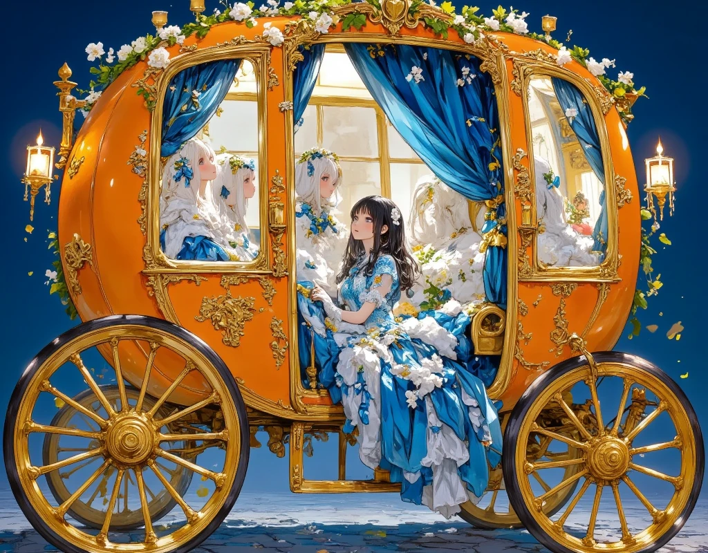 A grand pumpkin carriage rolls gracefully down a moonlit cobblestone path. The carriage, a vibrant orange hue, glows faintly from the inside, its surface intricately adorned with swirling gold filigree and delicate vines. Large, perfectly carved windows with golden frames offer a glimpse into the interior, where plush velvet curtains of deep royal blue drape elegantly. The wheels of the carriage are forged from polished brass, with fine, ornate spokes that catch the light with every turn, reflecting a soft gleam.

Inside the carriage, a young princess sits poised, her gown of silk and lace cascading around her in delicate layers of pastel blues and whites, shimmering under the soft candlelight. The seats are upholstered in plush velvet, matching the curtains, and golden embroidery traces intricate floral patterns across the fabric. The ceiling of the carriage is domed, with crystal chandeliers hanging, casting soft glints of light that dance across the walls. The air inside is filled with the faint scent of jasmine, adding a touch of enchantment to the royal setting.

Outside, the carriage is drawn by four majestic white horses, their manes braided with ribbons, their saddles adorned with more golden accents. As the carriage moves, the soft clinking of harnesses and the gentle creaking of the wheels create a rhythm in the serene, magical night. A fairy-tale scene brought to life, with the princess gazing out the window, her face illuminated by the golden glow of the enchanted pumpkin
