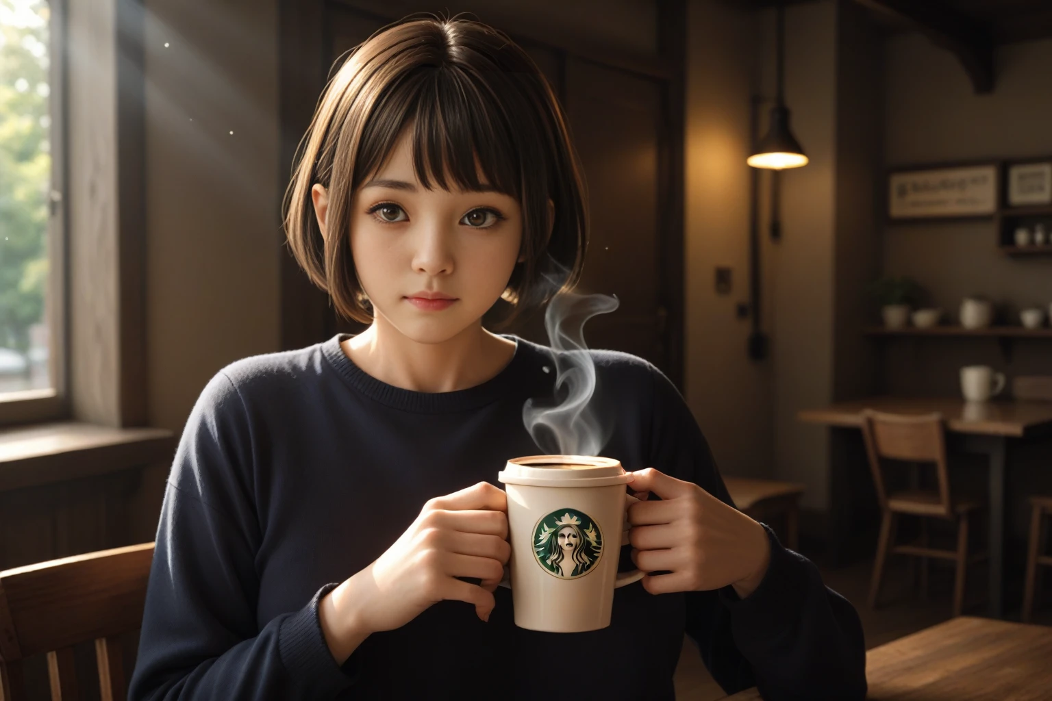 (photorealistic, professional photo, row photo, Best quality,8K,high resolution,masterpiece:1.2), Fall seaside cafe terrace , Beautiful autumn seaside scenery , Stunning natural scenery , One japanese girl , light smile, Delicate face, Delicate eyes, Dark brown hair, (glowing dark brown eyes:1.4), holding a coffee cup in hand , short bob, Short bangs, gentle sunlight starting to lean west,