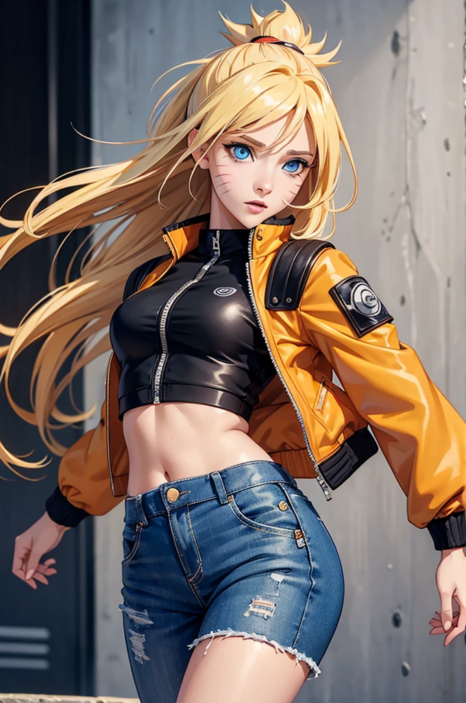 (masterpiece, best quality:1.2), expressive eyes, perfect face, highres, 1girl, solo, (female:1.5), NarukoUzumaki, blue eyes, blonde hair, long hair, facial mark, whisker markings, long hair, short sleeves, jacket, opened jacket, (naruto outfit), midriff, orange-black jacket, meshes, pants, black pants, standing, upper body, looking at the viewer happy and walking