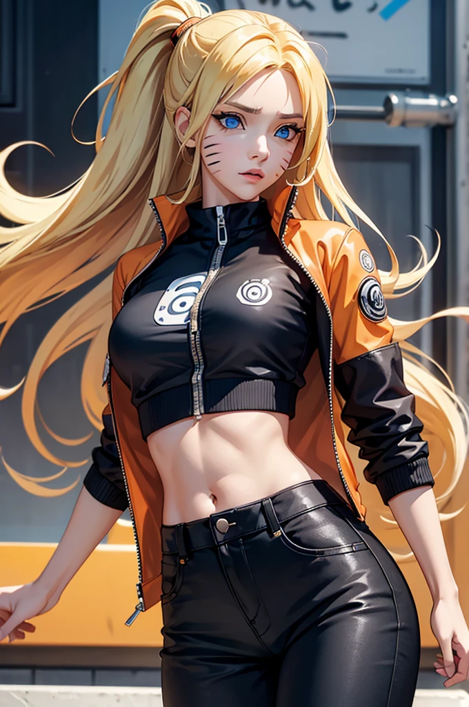 (masterpiece, best quality:1.2), expressive eyes, perfect face, highres, 1girl, solo, (female:1.5), NarukoUzumaki, blue eyes, blonde hair, long hair, facial mark, whisker markings, long hair, short sleeves, jacket, opened jacket, (naruto outfit), midriff, orange-black jacket, meshes, pants, black pants, standing, upper body, looking at the viewer happy and walking