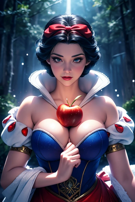  Snow White , realistic 1.2,   Snow White , disney princess, with short hair,  Red ribbon on the head,  BIG BREASTS, Trees behind and apples, sexy, cosplay sexy d  Snow White , vfx (Visual Effect)  highlights intricate anatomical features in a perfect way. sfx, complement visual art, immersing the viewer. The level of detail is inspiring,  with meticulously crafted intricate elements ,  Volumetric effects add depth and dimension , and the photorealism is unmatched.  The image is rendered in 8K resolution ,  ensuring super-detailed visuals . Volumetric lightning adds a touch of magic,  highlighting their beauty and the aura of a supernatural form .  High Dynamic Range technology  (HDR)  makes the cores stand out , adding richness to the overall composition. Finally, this art presents an unreal portrait.