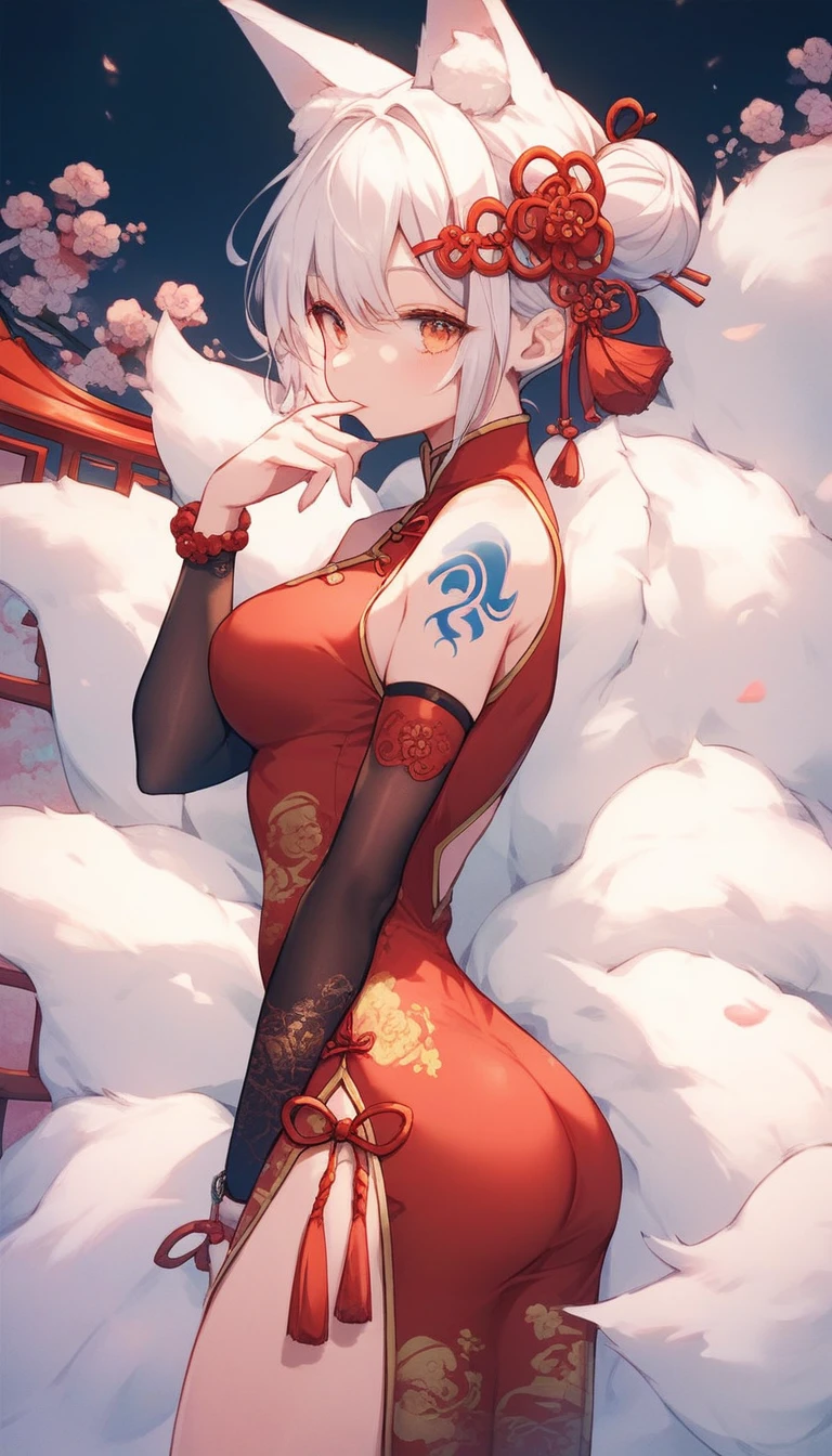  score_9, score_8, score_7, score_8_up, score_7_up, UHD, high details, Exotic furry cartoon,  oriental character,  1 GIRL WITH HIM, Fox Girl, Alone,  fluffy white hair , chest, ,big chest,  fox tail ,  nine tail , 9 tails ,  animal ears , Fox Ears,  animal ears の毛, dress,  blue tattoo on shoulder , Cheongsam, From the side,  oriental background ,  watch viewers, finger in mouth, Shoulder Bare,  short hair, holding, Cheongsam,  cowboy shot ,  Detached Sleeves,  Hair Ornament, red dress,  Long Sleeve , Ass:1.1