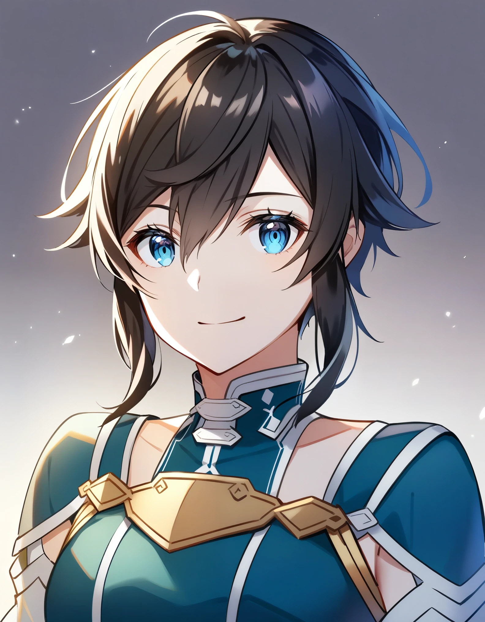 (high-quality, breathtaking),(expressive eyes, perfect face) 1girl, femboy, solo, portrait, Sword Art Online, Alicization, Symmetrical Eyes, simple background, gentle smile, short hair, fluffy hair, fantasy outfit, SAO inspired, HuoHuo, armor, chest plate, sword art online outfit, half body shot, en amamiya, black hair
