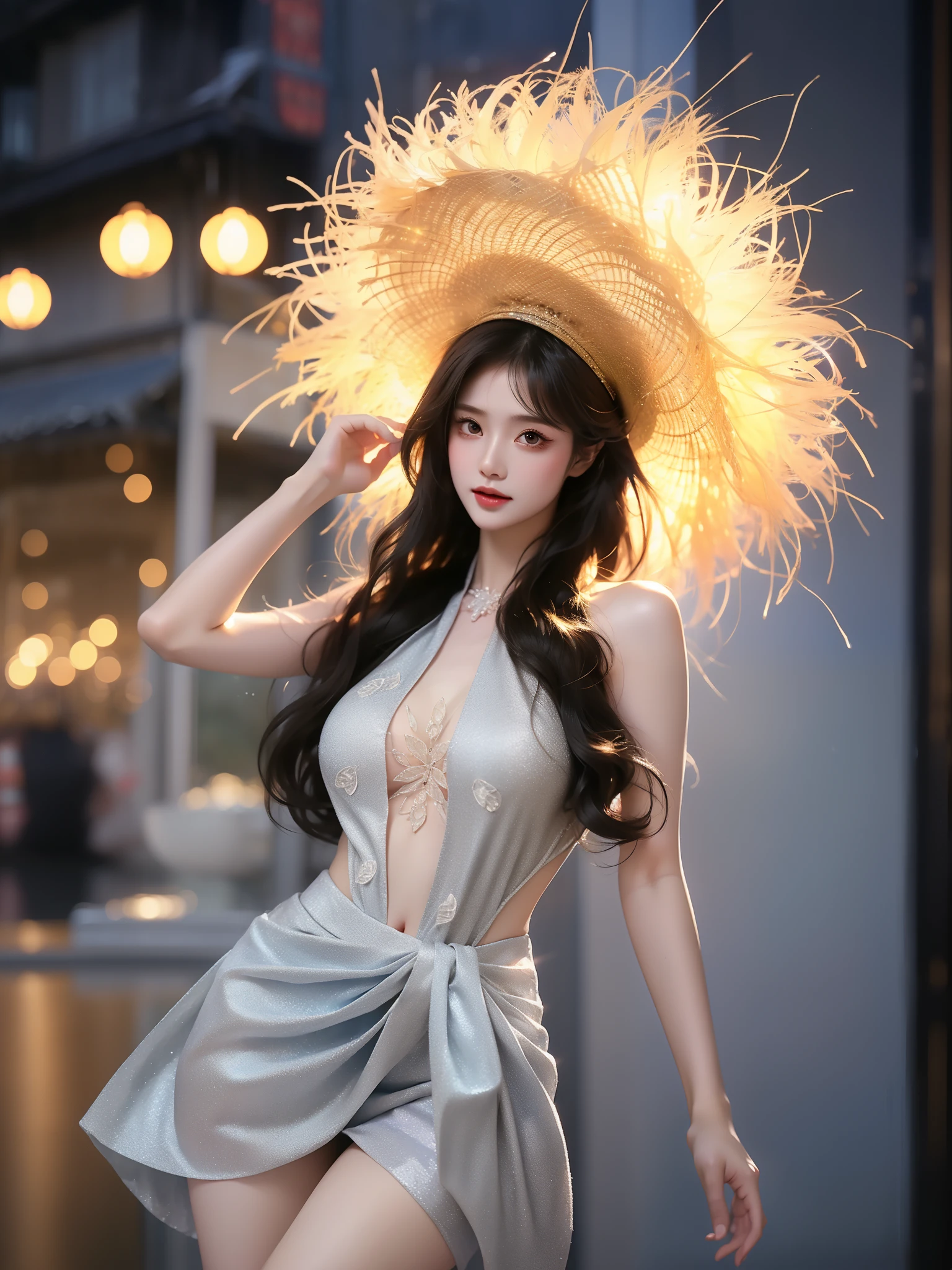 guqinghan, ,((full body)), (Asian beauty: 1.3), girl, solo, (toned body: 1.2) (naturally large breasts: 1.1), (visible cleavage: 0.8) (smooth flawless skin: 1.2), (perfect anatomical proportions: 1.3) (Naturally comfortable posture: 1.4) (anatomically correct legs: 1.3), (elegantly long legs: 1.3) 1.1) Hands gently lift the skirt (detailed features: 1.2), (big bright eyes: 1.1), (long eyelashes: 1.1) charming smile, gentle and confident expression Head slightly tilted long flowing hair (night scene: 1.1), (starry sky: 1.0), (space background: 0.9) (professional soft light: 1.2), (warm tone: 1.1) (Masterpiece: 1.4), (Super Detail: 1.3), (Sharp focus: 1.2) (Realistic: 1.2), (Hi-Fi: 1.1)