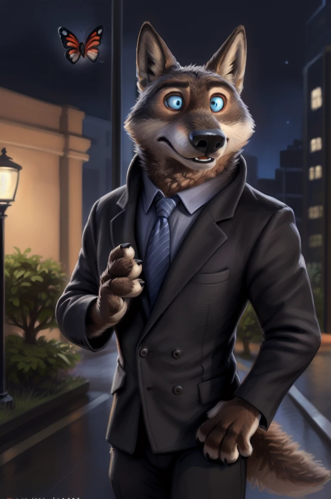 Larry (zootopia), gray fur, (brown body:1.3),  blue eyes , zootopia,  sobachiy, wolf, detailed fur, male, antro, paw pads, finger claws, 5 fingers, paws, 4 fingers, Night, full moon, tail, red carpet, suit, black tie,butterfly, Dor-15 with a red robotic eye in the frontal part, \(suit\), GAP from bruteandbrawn ,  personally , from Kenket, (intricate, high detail,  film photography ,  soft focus , RAW candid cinema , photorealism,  A realistic , photo A realistic ,  analog style , diffuse subsurface illumination, masterpiece,  Best quality , ultra  A realistic , 8 k)