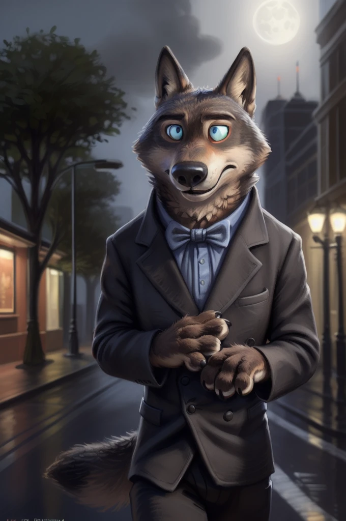 Larry (zootopia), gray fur, (brown body:1.3),  blue eyes , zootopia,  sobachiy, wolf, detailed fur, male, antro, paw pads, finger claws, 5 fingers, paws, 4 fingers, Night, full moon, tail, red carpet, suit, black bow tie, Dor-15 with a red robotic eye in the frontal part, \(suit\), GAP from bruteandbrawn ,  personally , from Kenket, (intricate, high detail,  film photography ,  soft focus , RAW candid cinema , photorealism,  A realistic , photo A realistic ,  analog style , diffuse subsurface illumination, masterpiece,  Best quality , ultra  A realistic , 8 k)