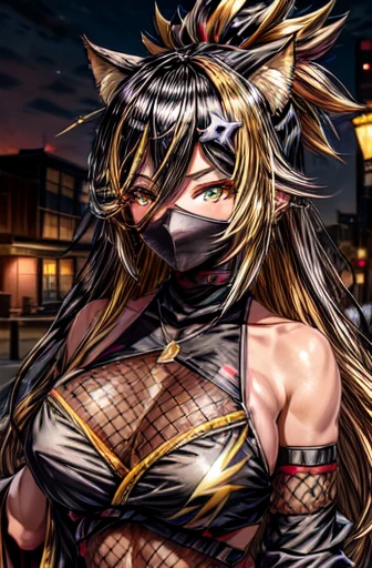 nekoyo chloe, jewelry, upper body, virtual youtuber, ninja, dark-skinned female, hair between eyes, solo, breasts, mask, multicolored hair, looking at viewer, yellow eyes, blurry, black hair, blurry background, hair ornament, blush, large breasts, dark skin, bare shoulders, mouth mask, cleavage, two-tone hair, ninja mask, streaked hair, long hair, 1girl, blonde hair, bangs