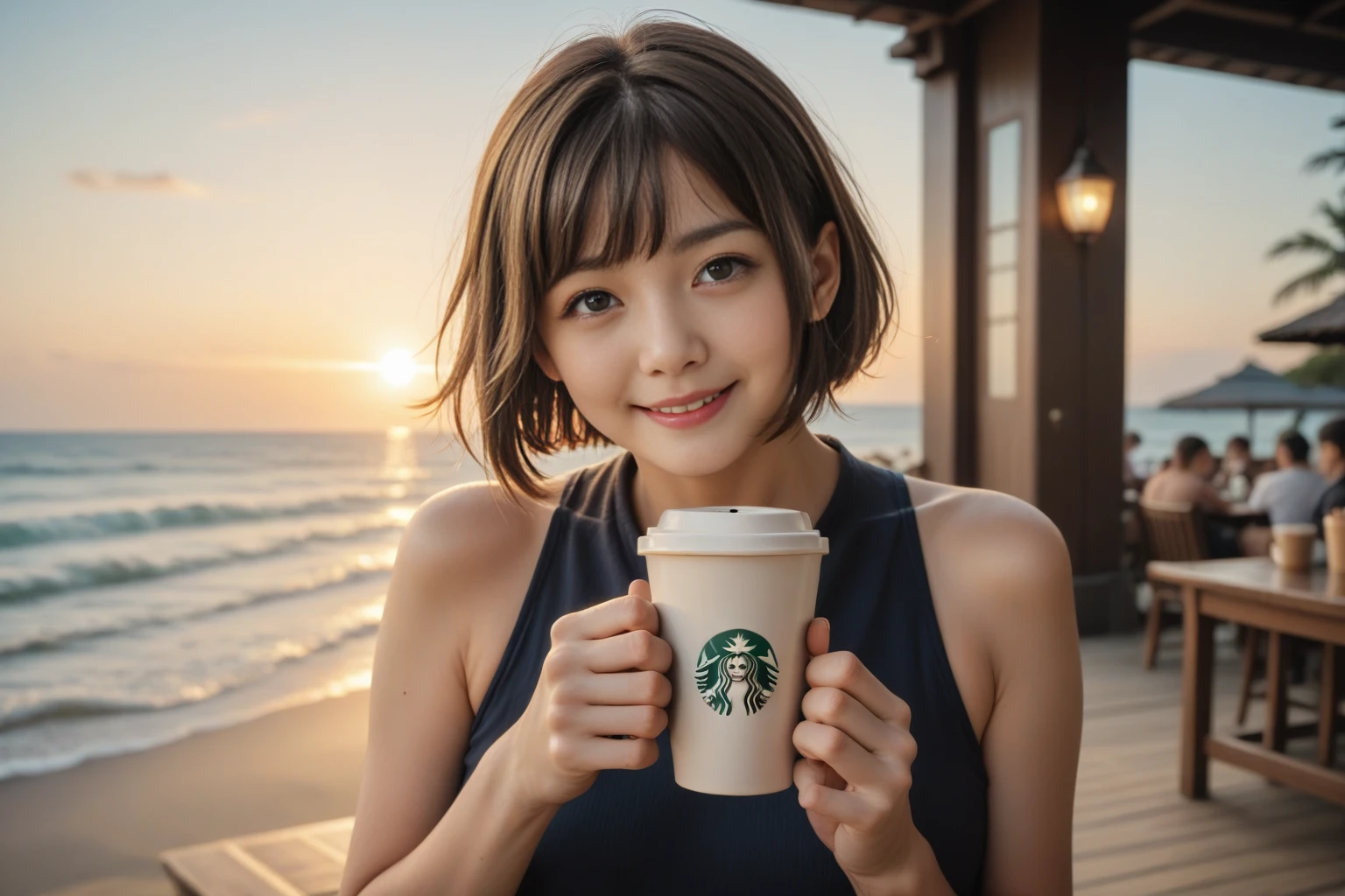 score_9, score_8_up, score_7_up, score_6_up, photo, realism, photorealistic,  Fall seaside cafe terrace , Beautiful autumn seaside scenery , Stunning natural scenery , One japanese girl , light smile, Delicate face, Delicate eyes, Dark brown hair, (glowing dark brown eyes:1.4), holding a coffee cup in hand , short bob haircut, Short bangs, gentle sunlight starting to lean west,