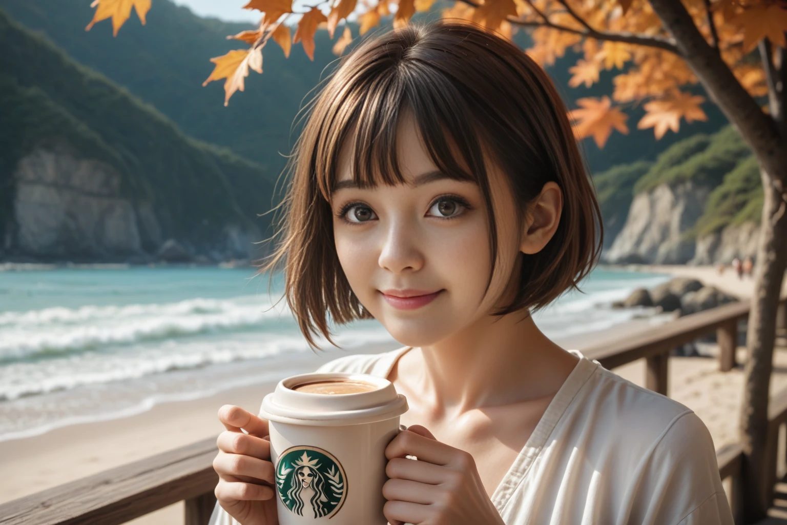 score_9, score_8_up, score_7_up, score_6_up, photo, realism, photorealistic,  Fall seaside cafe terrace , Beautiful autumn seaside scenery , Stunning natural scenery , One japanese girl , light smile, Delicate face, Delicate eyes, Dark brown hair, (glowing dark brown eyes:1.4), holding a coffee cup in hand , short bob haircut, Short bangs, gentle sunlight starting to lean west,