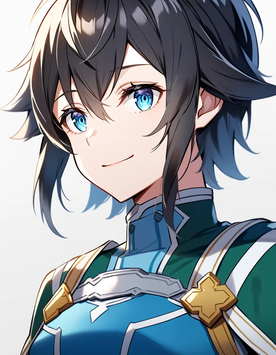 (high-quality, breathtaking),(expressive eyes, perfect face) 1girl, femboy, solo, portrait, Sword Art Online, Alicization, Symmetrical Eyes, simple background, gentle smile, medium hair, fluffy hair, fantasy outfit, SAO inspired, HuoHuo, armor, chest plate, sword art online outfit, half body shot, en amamiya, black hair
