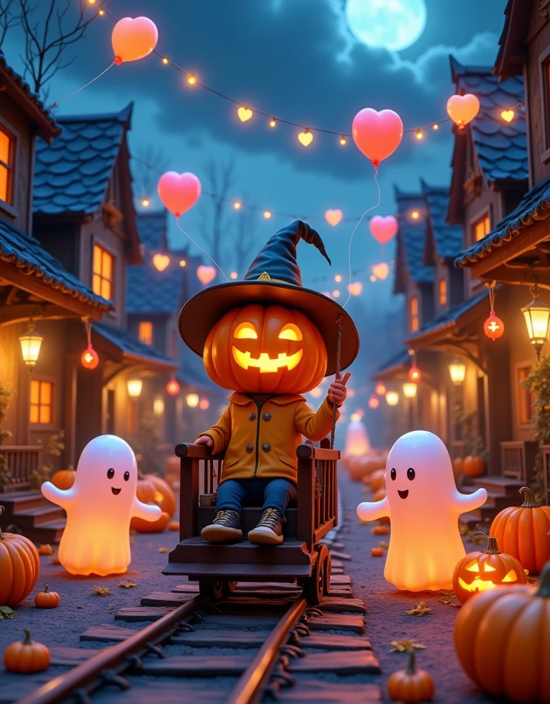 3D illustration of a cute pumpkin man in a witch hat sitting on a train, surrounded by glowing ghosts and heart-shaped balloons. The background is an abandoned village with black planks, wooden doors, orange pumpkins, stars, and moonlight. At night, there's a poster that says "9/20 Fund Manager design" above it. In the style of Pixar, with cute cartoon characters, vibrant colors, soft lighting, fantasy art, and detailed textures. Ultra-high resolution