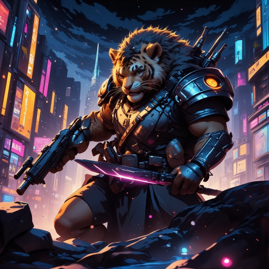 cyberpunk tiger warrior, neon lights, futuristic city, holding laser gun, concept art, highly detailed, 8k, ultra-detailed, photorealistic, hyper-realistic, volumetric lighting, cinematic lighting, dramatic lighting, vivid colors, vibrant colors, intricate details, complex details, mechanical design, advanced technology, glowing elements, moody atmosphere, dynamic pose, epic, dramatic, niji6, niji5, cinematic composition, masterpiece, Japanese anime illustration