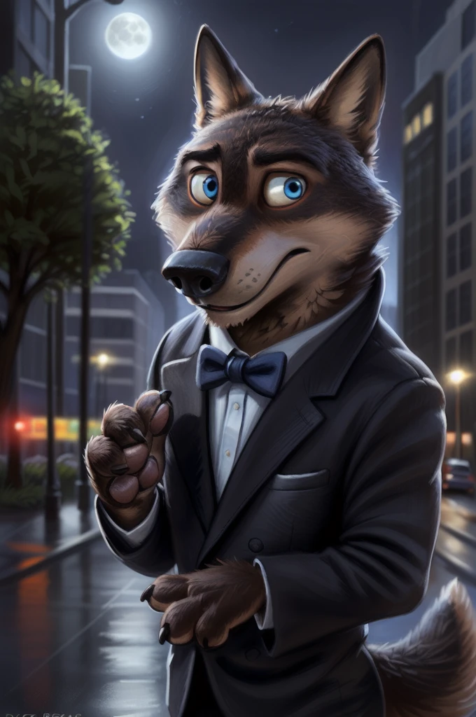 Larry (zootopia), gray fur, (brown body:1.3),  blue eyes , zootopia,  sobachiy, wolf, detailed fur, male, antro, paw pads, finger claws, 5 fingers, paws, 4 fingers, Night, full moon, tail, red carpet, suit, black bow tie, Dor-15 with a red robotic eye in the frontal part, \(suit\), GAP from bruteandbrawn ,  personally , from Kenket, (intricate, high detail,  film photography ,  soft focus , RAW candid cinema , photorealism,  A realistic , photo A realistic ,  analog style , diffuse subsurface illumination, masterpiece,  Best quality , ultra  A realistic , 8 k)