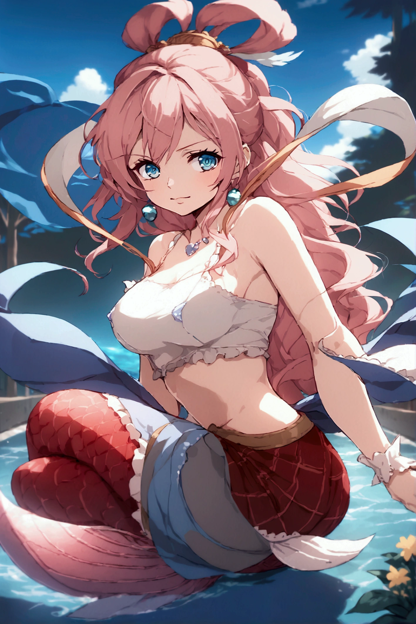 ((best quality)), ((highly detailed)), , (1girl), dynamic pose, full body, innocent, wide eyes, big eyes, cute, breasts, blue sundress, maxiskirt, mermaid, pink hair, full body