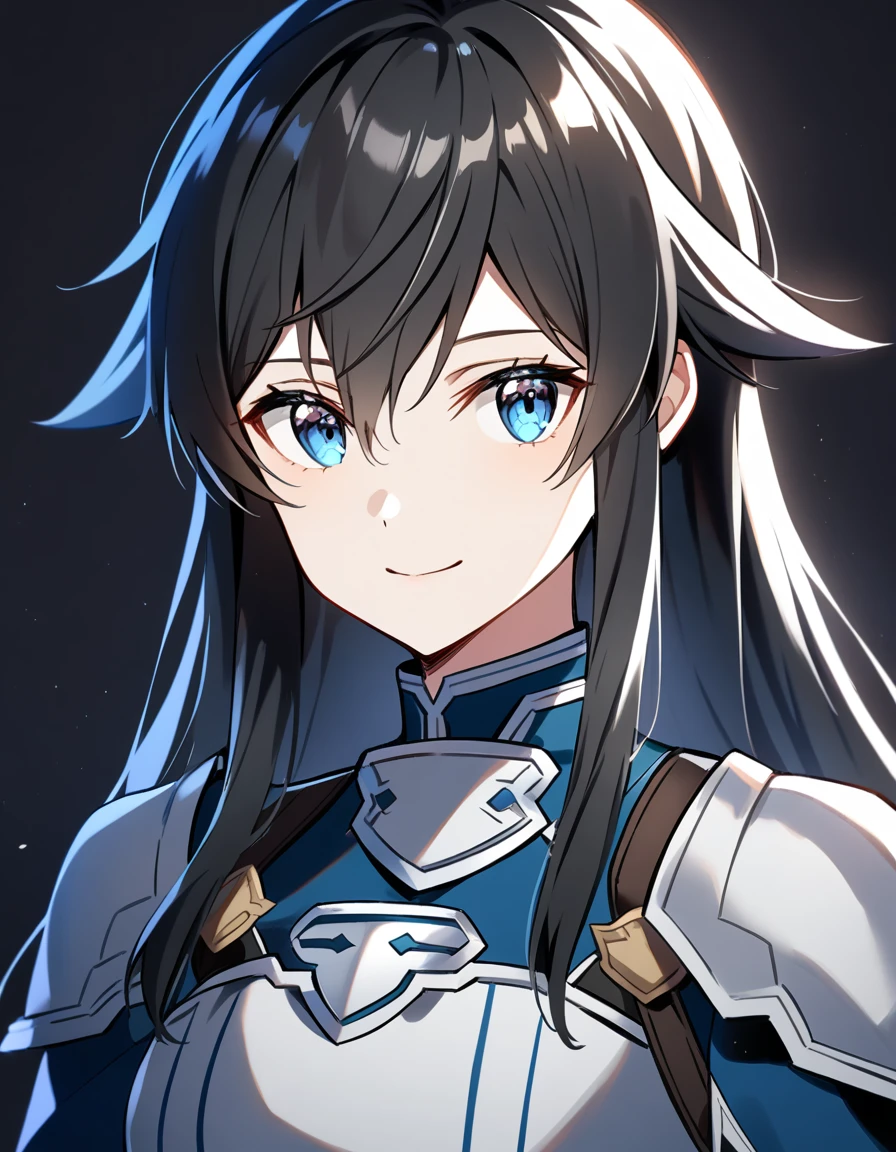 (high-quality, breathtaking),(expressive eyes, perfect face) 1girl, femboy, solo, portrait, Sword Art Online, Alicization, Symmetrical Eyes, simple background, gentle smile, long hair, fluffy hair, fantasy outfit, SAO inspired, HuoHuo, armor, chest plate, sword art online outfit, half body shot, en amamiya, black hair
