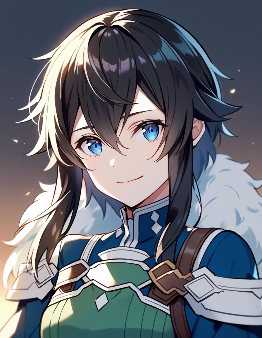 (high-quality, breathtaking),(expressive eyes, perfect face) 1girl, femboy, solo, portrait, Sword Art Online, Alicization, Symmetrical Eyes, simple background, gentle smile, medium hair, fluffy hair, fantasy outfit, SAO inspired, HuoHuo, armor, chest plate, sword art online outfit, half body shot, en amamiya, black hair
