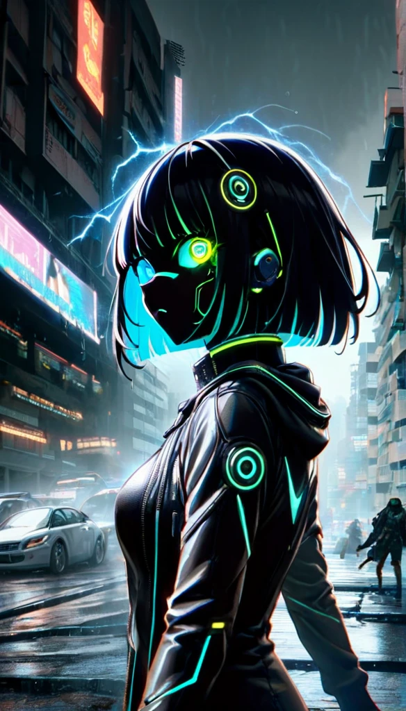  1 girl with a cat face ,  facing battle in the rainy future city , wearing a hooded black leather jacket, Bob cut that shines in silver , odd-eye that shines suspiciously ,  Cyberpunk, Futuristic Plug Suit, Lightning like an aura , Kampala, Best Quality,  turning around beautifully , bust shots,Wet and glossy ,