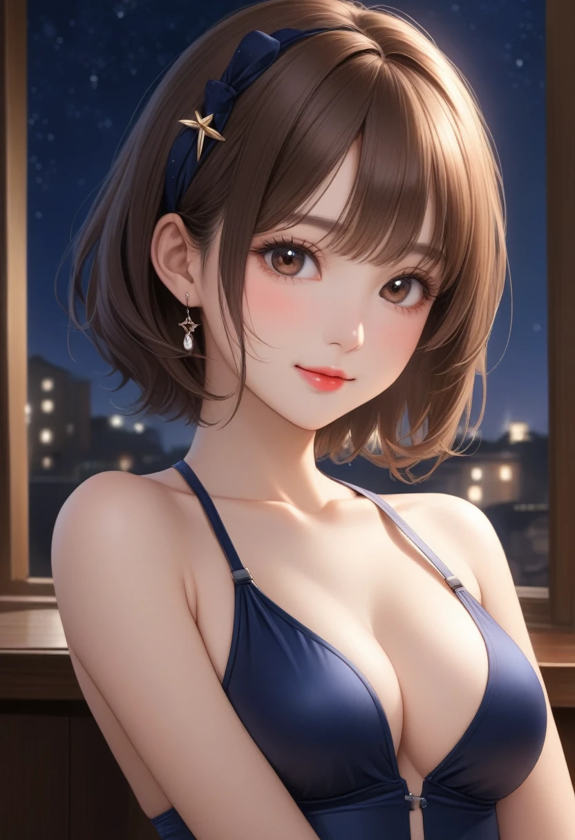 (Hyper-Photorealistic:1.6), (Ultra-Detailed, Top Quality 4K, High Resolution, Sharp Focus:1.4), A pretty 20-year-old tiptop girl in a navy blue slingshot swimsuit, wrist scrunchies is standing in a room at night, blushing and looking at the viewer. She has a short brown bob and hair clip, smooth pale skin, dark eyes, a narrow nose, rosy cheeks, glossy lips with a shy smile, medium sized breasts that give her an angelic innocence as well as a hint of sex appeal. Her face, body and even the texture of her hair are rendered in extreme detail. Background window with night scene. Lateral view, cowboy shot.