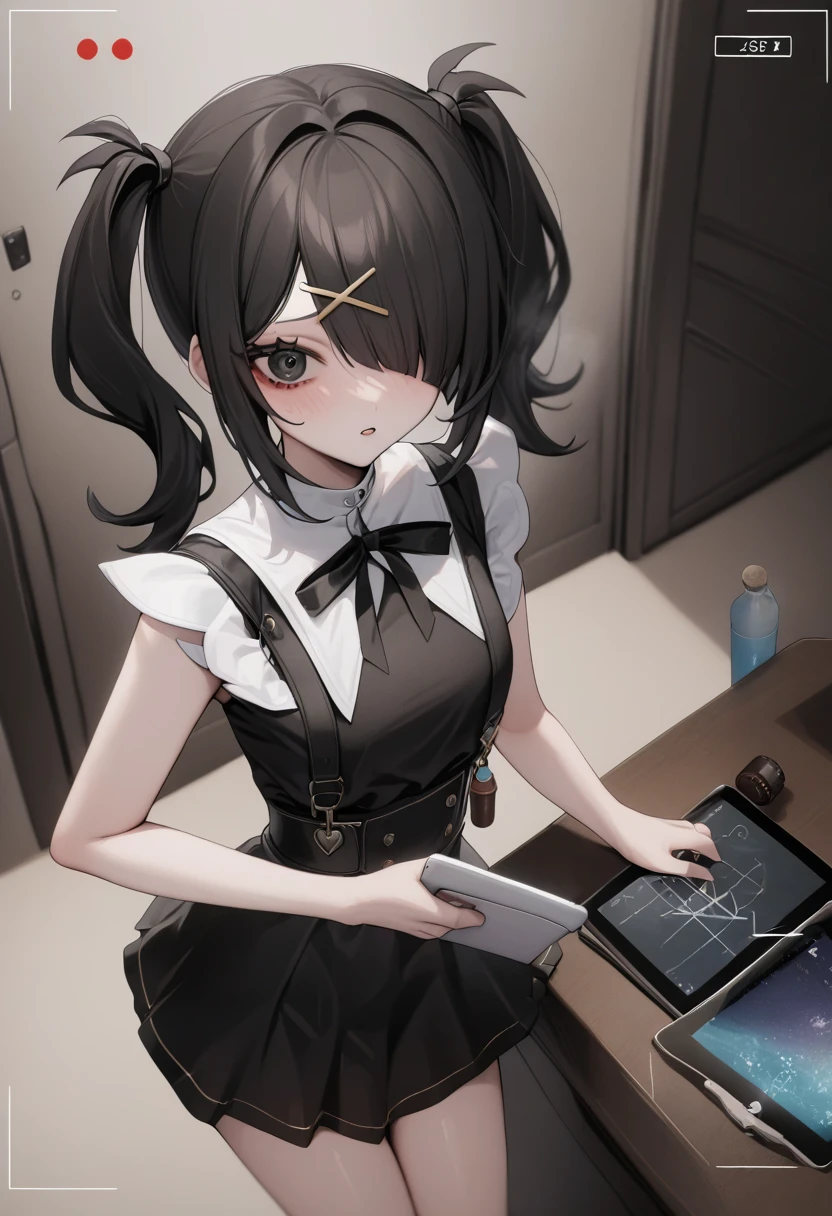  viewfinder , ame-chan \( girl in need overdose\),  1girl, One, twintails,   black hair ,  hair over one eye , black eyes,  x hair ornament  ,black bow, neck tape, skirt with suspenders,  shirt , 
(tablet ,tablet  bottle:1.3), throw, 
masterpiece,  Best quality ,  very aesthetic , absurd
