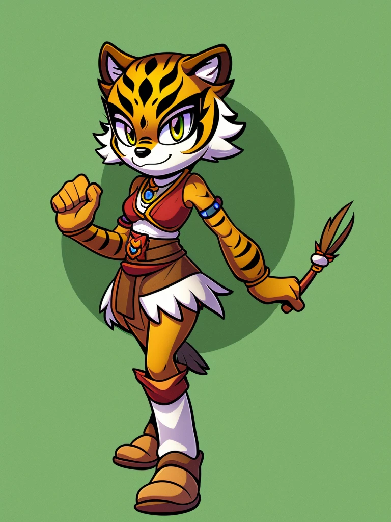 Female, mobian, dressed as a tribe warrior, headband,characteristic: green tigress