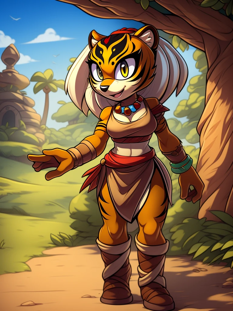 Female, mobian, dressed as a tribe warrior, headband,characteristic: green tigress