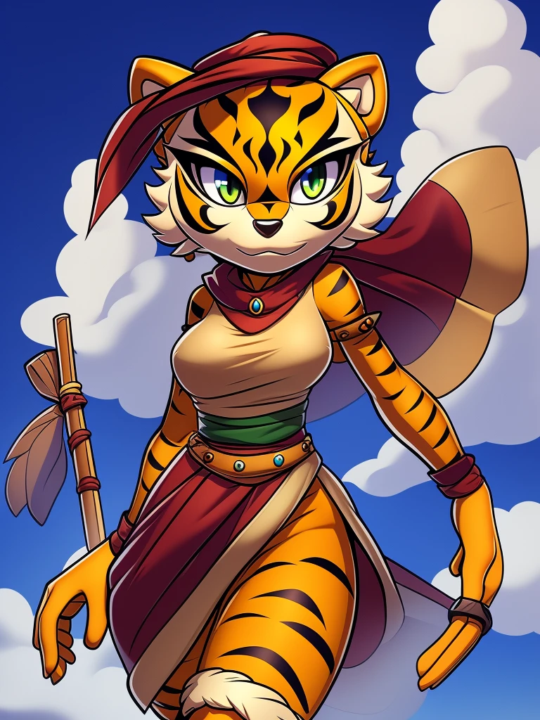 Female, mobian, dressed as a tribe warrior, headband,characteristic: green tigress