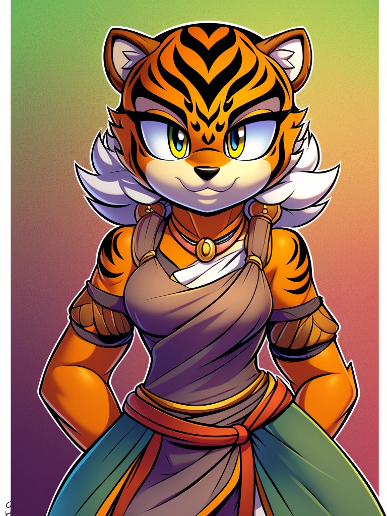 Female, mobian, dressed as a tribe warrior, headband,characteristic: green tigress