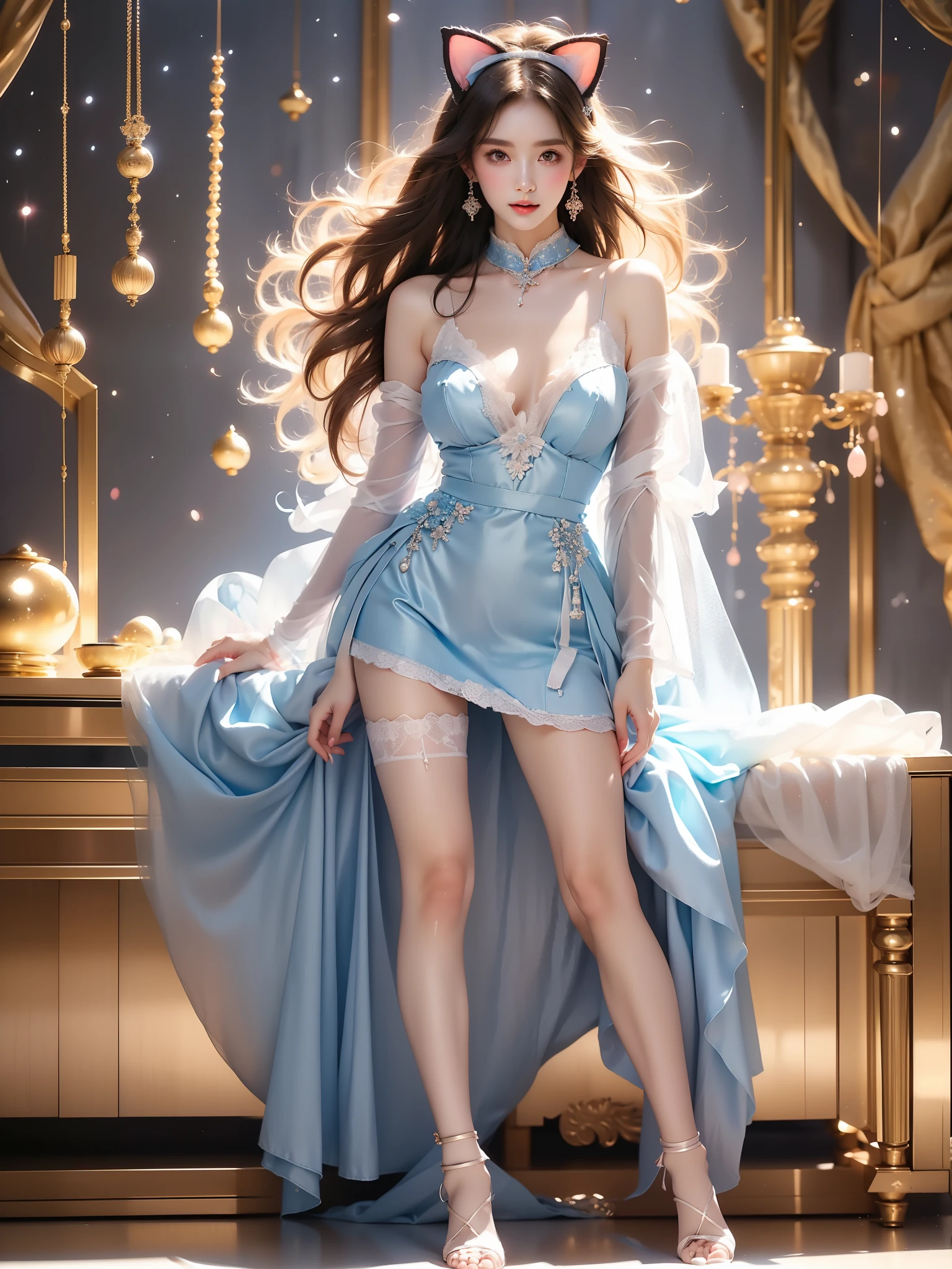 ahCat
blue theme, cat ears, blue dress, sleeveless dress, pink ribbon, large ribbon, striped thighhighs, detached sleeves, collar, jingle bell, ,((full body)), (Asian beauty: 1.3), girl, solo, (toned body: 1.2) (naturally large breasts: 1.1), (visible cleavage: 0.8) (smooth flawless skin: 1.2), (perfect anatomical proportions: 1.3) (Naturally comfortable posture: 1.4) (anatomically correct legs: 1.3), (elegantly long legs: 1.3) 1.1) Hands gently lift the skirt (detailed features: 1.2), (big bright eyes: 1.1), (long eyelashes: 1.1) charming smile, gentle and confident expression Head slightly tilted long flowing hair (night scene: 1.1), (starry sky: 1.0), (space background: 0.9) (professional soft light: 1.2), (warm tone: 1.1) (Masterpiece: 1.4), (Super Detail: 1.3), (Sharp focus: 1.2) (Realistic: 1.2), (Hi-Fi: 1.1)