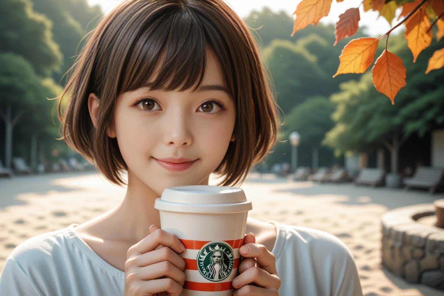 score_9, score_8_up, score_7_up, score_6_up, photo, realism, photorealistic,  Fall seaside cafe terrace , Beautiful autumn seaside scenery , Stunning natural scenery , One japanese woman , 25years old, light smile, Delicate face, Delicate eyes, Dark brown hair, (glowing dark brown eyes:1.4), holding a coffee cup in hand , short bob haircut, Short bangs, gentle sunlight starting to lean west,