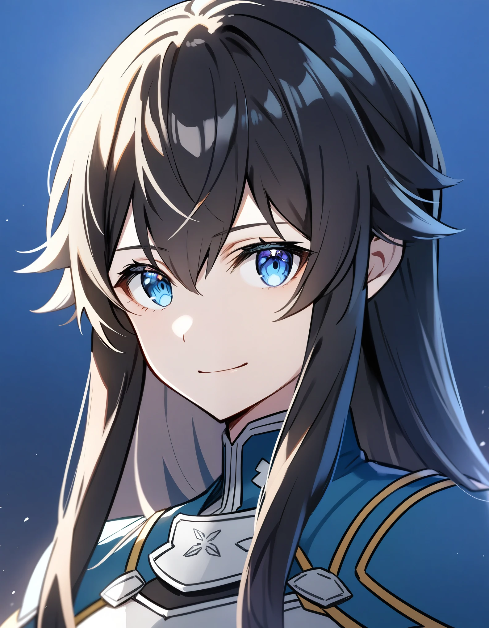 (high-quality, breathtaking),(expressive eyes, perfect face) 1girl, femboy, solo, portrait, Sword Art Online, Alicization, Symmetrical Eyes, simple background, gentle smile, long hair, fluffy hair, fantasy outfit, SAO inspired, HuoHuo, armor, chest plate, sword art online outfit, half body shot, en amamiya, black hair
