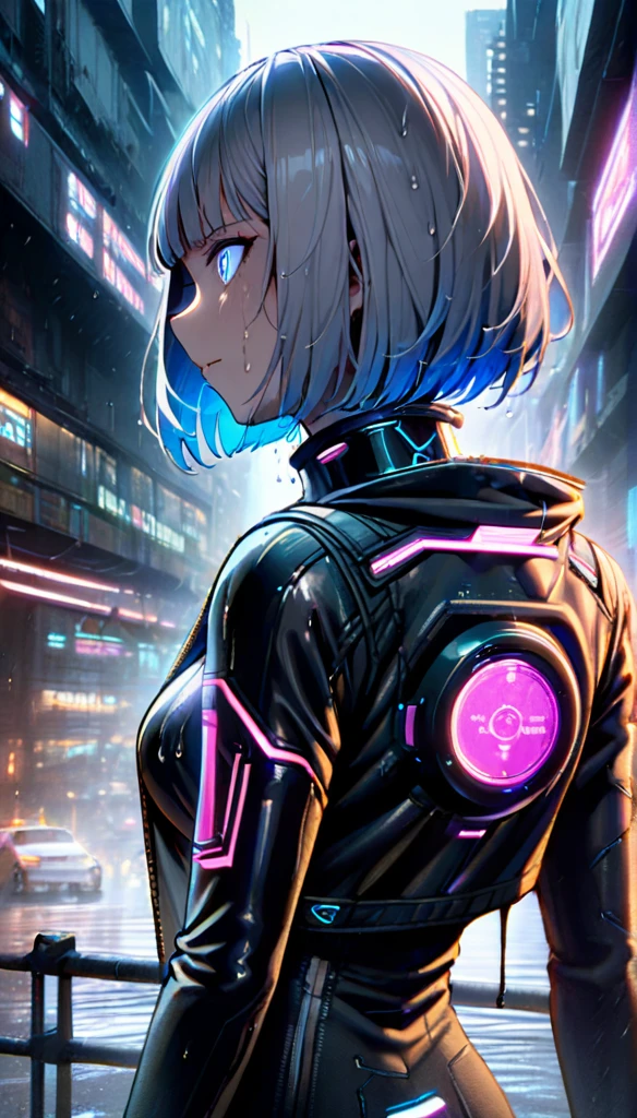  1 girl with a cat face ,  facing battle in the rainy future city , wearing a hooded black leather jacket, Bob cut that shines in silver , odd-eye that shines suspiciously ,  Cyberpunk, Futuristic Plug Suit, Kampala, Best Quality,  turning around beautifully , bust shots,Wet and glossy ,Vivid coloring