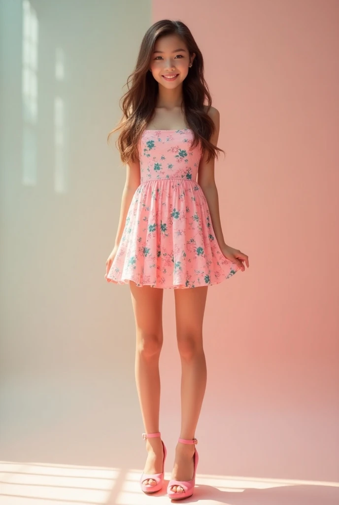 16-year-old preteen, Europeo, gafas, rubio, small breasts, ojos grandes, piernas largas, Primer plano de los muslos, vestido hasta la rodilla, heeled sandals, Antecedentes del parque, tree, Cherry Blossom, Trazado de rayos, HDR