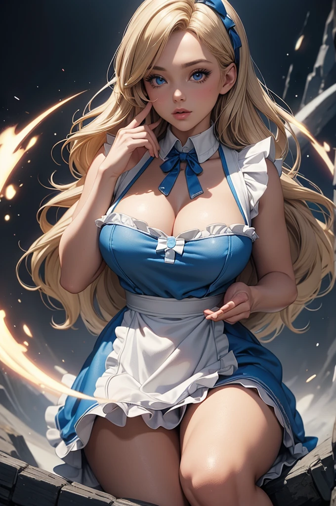 realistic 1.2,  in the style of Artgerm and Adam Hughes,  a sexy Alice in Wonderland, blue ribbon mana head , Blonde hair,  blue mini dress with white apron,  BIG BREASTS,  white socks,  cleavage, dynamic,  Ultra High Definition , vfx (Visual Effect)  highlights intricate anatomical features in a perfect way. sfx, complement visual art, immersing the viewer. The level of detail is inspiring,  with meticulously crafted intricate elements ,  Volumetric effects add depth and dimension , and the photorealism is unmatched.  The image is rendered in 8K resolution ,  guaranteeing super detailed visuals,  highlighting their beauty and the aura of a supernatural form .  High Dynamic Range technology  (HDR)  makes the cores stand out , adding richness to the overall composition. Finally, this art presents an unreal portrait.