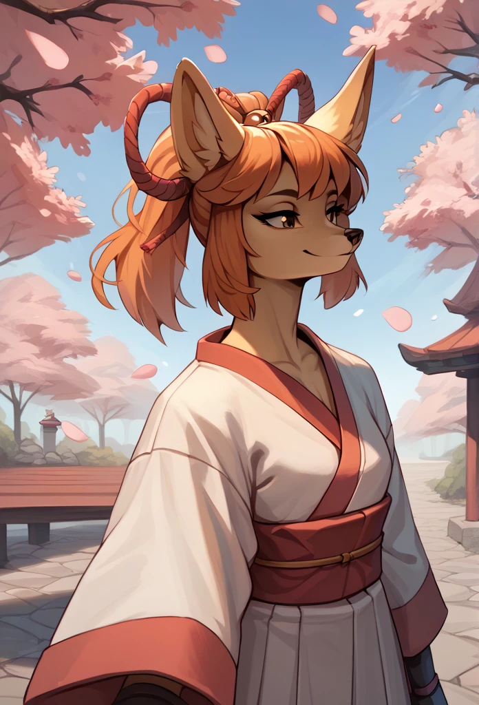 score_9, score_8_up, score_7_up, score_6_up, score_5_up, score_4_up, rating_safe, source_furry,
(ceroba), fox ears, female, solo, kimono, japanese clothes, boots,
smile,
upper body shot, (outdoors, cherry blossom), 