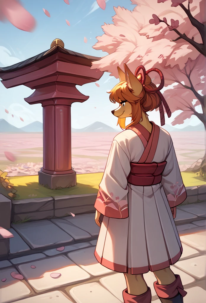 score_9, score_8_up, score_7_up, score_6_up, score_5_up, score_4_up, rating_safe, source_furry,
(ceroba), fox ears, female, solo, kimono, japanese clothes, boots,
smile,
upper body shot, (outdoors, cherry blossom), 