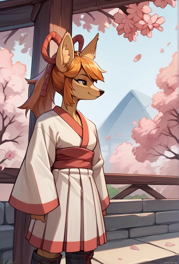 score_9, score_8_up, score_7_up, score_6_up, score_5_up, score_4_up, rating_safe, source_furry,
(ceroba), fox ears, female, solo, kimono, japanese clothes, boots,
smile,
upper body shot, (outdoors, cherry blossom), 