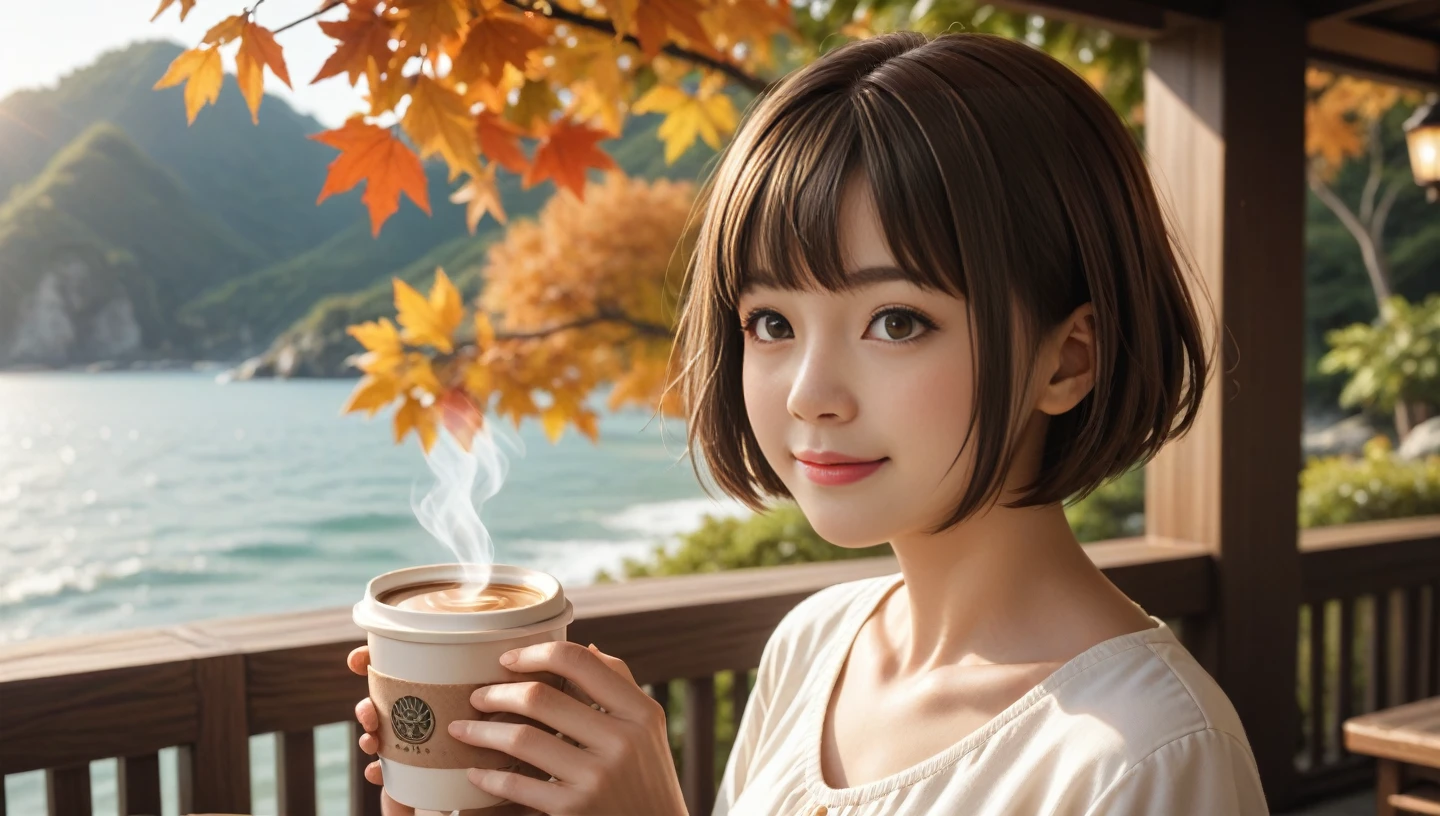 score_9, score_8_up, score_7_up, score_6_up, photo, realism, photorealistic,  Fall seaside cafe terrace , Beautiful autumn seaside scenery , Stunning natural scenery , One japanese woman , 30years old, light smile, Delicate face, Delicate eyes, Dark brown hair, (glowing dark brown eyes:1.4), holding a coffee cup in hand , short bob haircut, Short bangs, gentle sunlight starting to lean west,