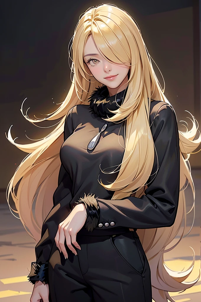 Pokemon Cynthia, Pokemon Cynthia, blonde,  hair ornament , ( hair over one eye :1.5), long hair, ( yellow-eyed :1.5), smile, black shelter, black pants, black shirt, shelter, fur collar, leather trim, mangas con leather trim, pants, shirt,
 break from looking at the spectator , Parte superior del cuerpo, cuerpo completo, (COWBOY SHOT:1.5), Naturaleza, sky,( masterpiece :1.2), The best quality,  high resolution ,  unity wallpaper 8k , (illustration:0.8), ( beautiful detailed eyes :1.6),   Extremely detailed face ,  perfect lighting , CG extremely detailed, (  Perfect hands,  perfect anatomy ),