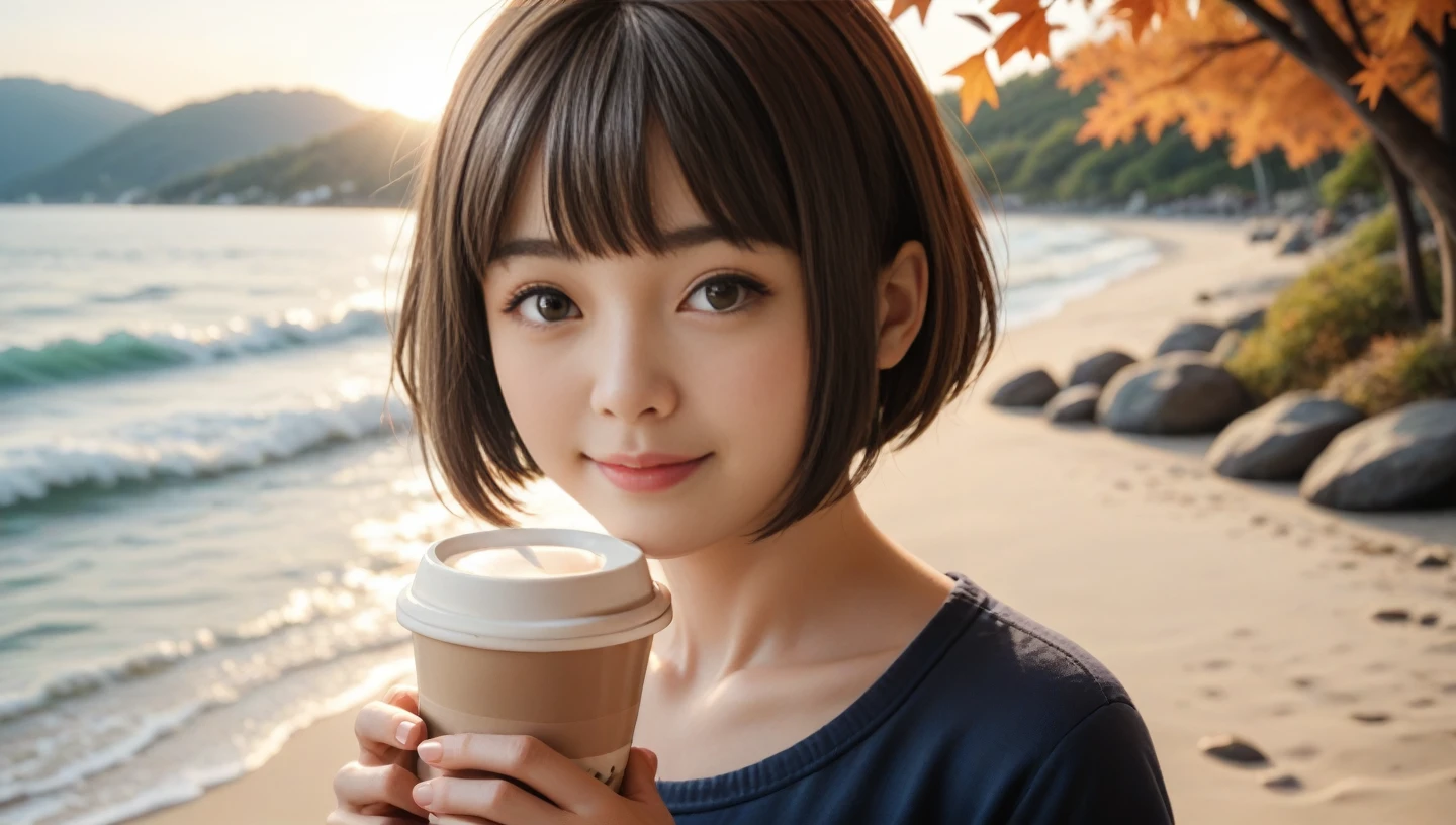 score_9, score_8_up, score_7_up, score_6_up, photo, realism, photorealistic,  Fall seaside cafe terrace , Beautiful autumn seaside scenery , Stunning natural scenery , One japanese woman , 30years old, light smile, Delicate face, Delicate eyes, Dark brown hair, (glowing dark brown eyes:1.4), holding a coffee cup in hand , short bob haircut, very Short bangs, gentle sunlight starting to lean west,