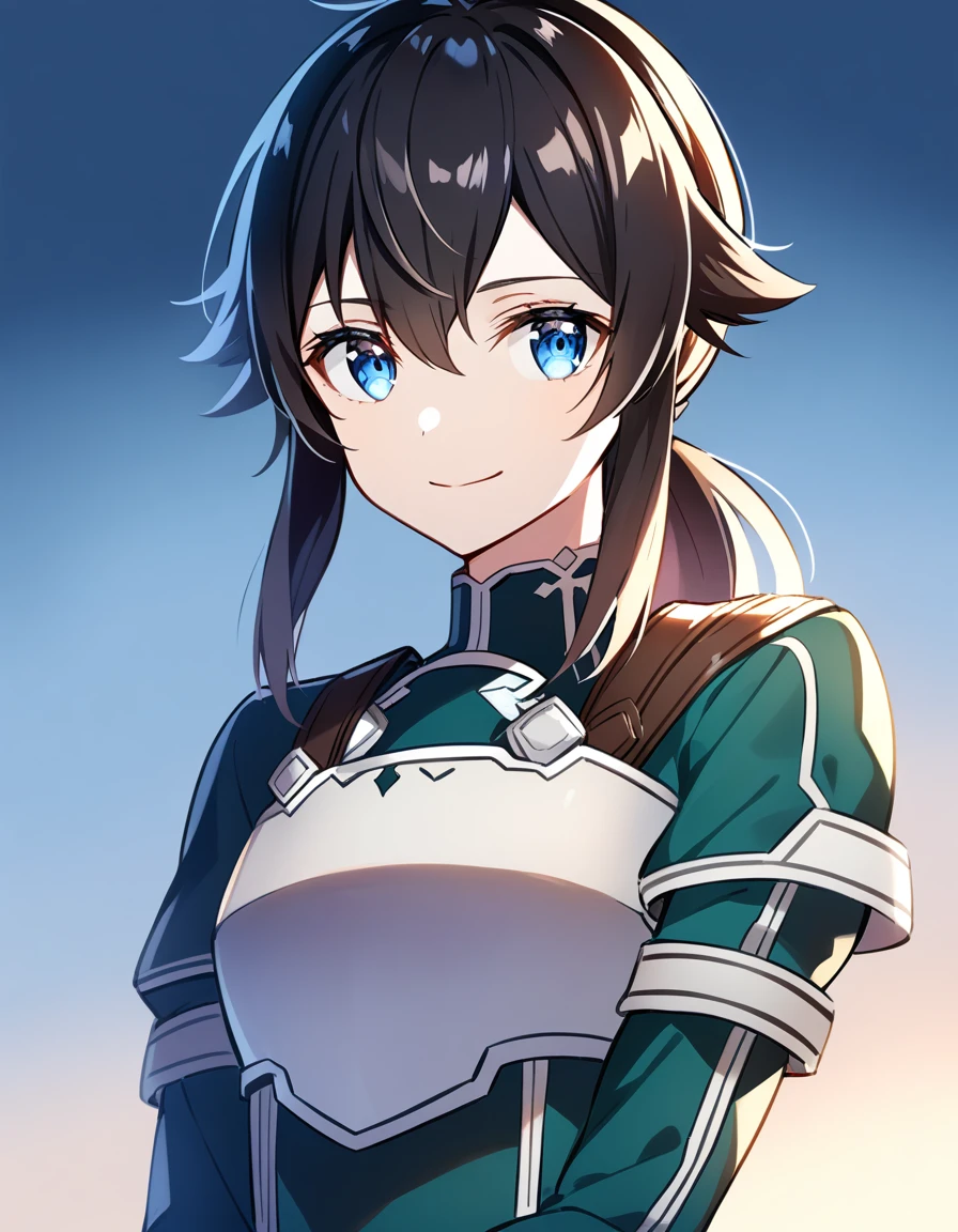 (high-quality, breathtaking),(expressive eyes, perfect face) 1girl, femboy, solo, portrait, Sword Art Online, Alicization, Symmetrical Eyes, simple background, gentle smile, medium hair, fluffy hair, fantasy outfit, SAO inspired, HuoHuo, armor, chest plate, sword art online outfit, half body shot, en amamiya, black hair, ponytail
