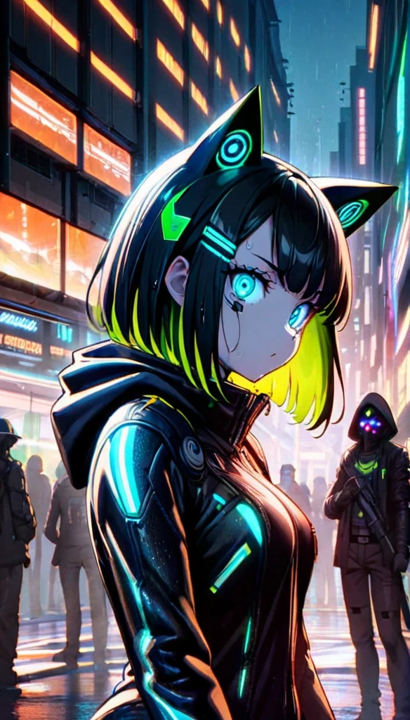  1 girl with a cat face ,  Rainy Future City, wearing a hooded black leather jacket, Bob cut that shines in silver , odd-eye that shines suspiciously ,  Cyberpunk, Futuristic Plug Suit, Kampala, Best Quality,  turning around beautifully , bust shots,Wet and glossy ,Vivid coloring,Beautiful Cat Warrior 