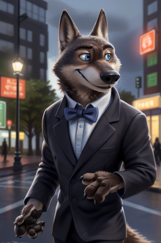 Larry (zootopia), gray fur, (brown body:1.3),  blue eyes , zootopia,  sobachiy, wolf, detailed fur, male, antro, paw pads, finger claws, 5 fingers, paws, 4 fingers, Night, full moon, tail, red carpet, suit, white shirt, red bow tie, Dor-15 with a red robotic eye in the frontal part, \(suit\),smile GAP from bruteandbrawn ,  personally , from Kenket, (intricate, high detail,  film photography ,  soft focus , RAW candid cinema , photorealism,  A realistic , photo A realistic ,  analog style , diffuse subsurface illumination, masterpiece,  Best quality , ultra  A realistic , 8 k)