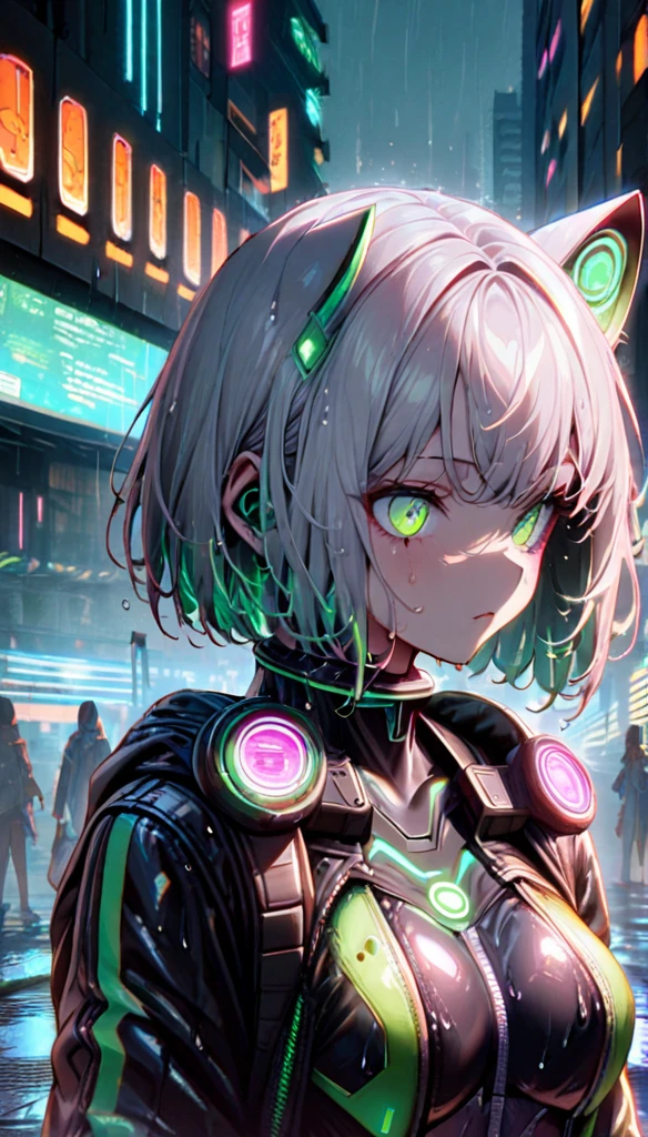  1 girl with a cat face ,  Rainy Future City, wearing a hooded black leather jacket, Bob cut that shines in silver , odd-eye that shines suspiciously ,  Cyberpunk, Futuristic Plug Suit, Kampala, Best Quality,  turning around beautifully , bust shots,Wet and glossy ,Vivid coloring,Beautiful Cat Warrior ,Silver Hair,