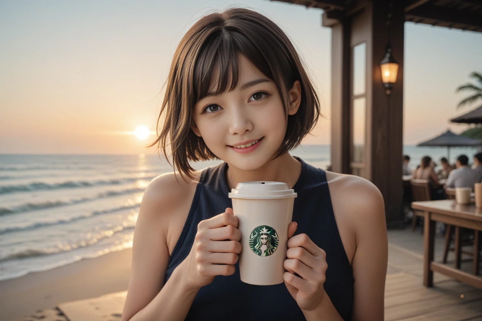 score_9, score_8_up, score_7_up, score_6_up, photo, realism, photorealistic,  Fall seaside cafe terrace , Beautiful autumn seaside scenery , Stunning natural scenery , One japanese girl , light smile, Delicate face, Delicate eyes, Dark brown hair, (glowing dark brown eyes:1.4), holding a coffee cup in hand , short bob haircut, Short bangs, gentle sunlight starting to lean west,