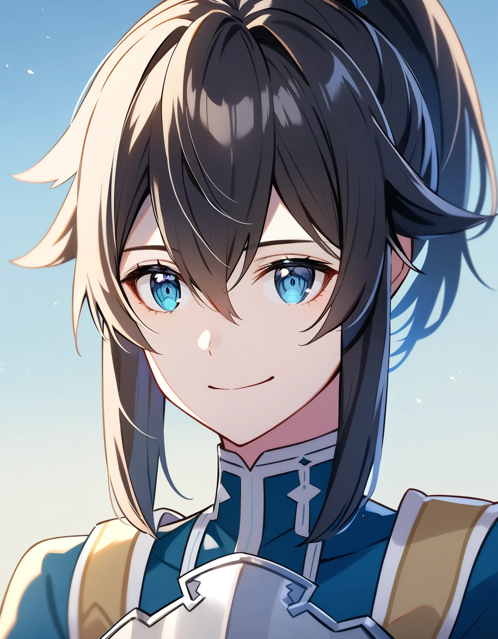 (high-quality, breathtaking),(expressive eyes, perfect face) 1girl, femboy, solo, portrait, Sword Art Online, Alicization, Symmetrical Eyes, simple background, gentle smile, medium hair, fluffy hair, fantasy outfit, SAO inspired, HuoHuo, armor, chest plate, sword art online outfit, half body shot, en amamiya, black hair, ponytail
