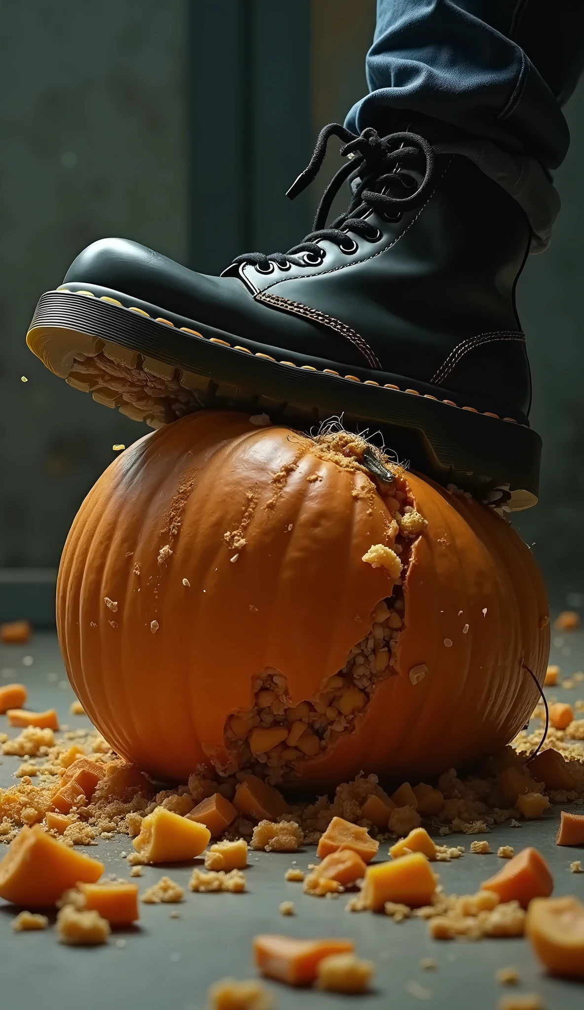 a pumpkin squashed by someone wearing dr. marten boots, cinematic