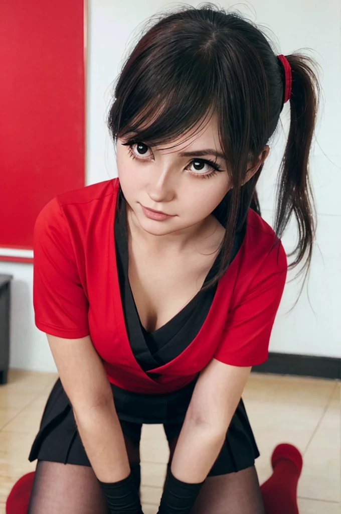  a close up of a woman wearing a red shirt and black tights, (sfw)  safe for work , The girl bends down , Nekomimi, in red and black,  taken in 2 0 2 0  , Ilya Kuvshinov. 4k, on your knees, a hyperrealistic schoolgirl