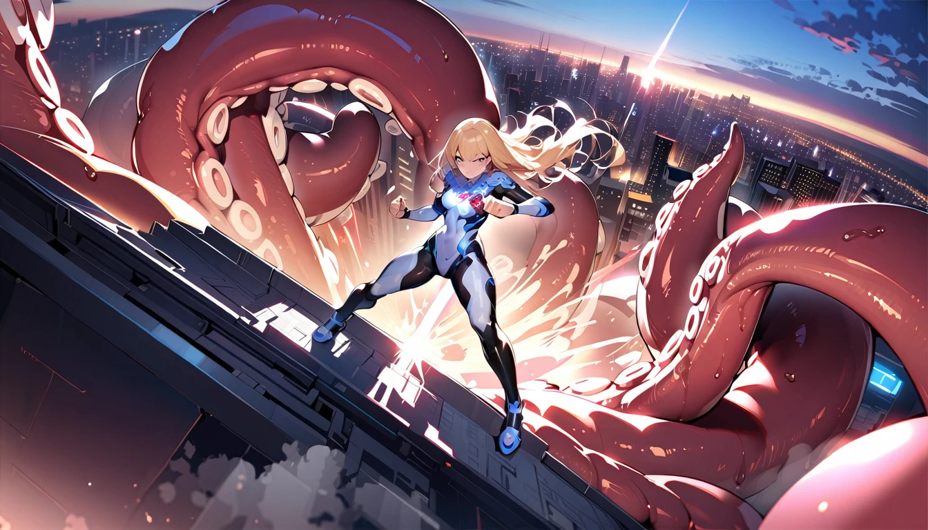 girl masterpiece, best quality, high resolution, best detailed, ultra girl, giantess, blonde hair, straight hair, shiny hair, bodysuit, blue and silver bodysuit, red gem on chest, full body, fighting stance, making fists, a lot sweat, many tentacles,  breezing white breath, detailed background, cityscape, buildings, beam effects  from tentacles,