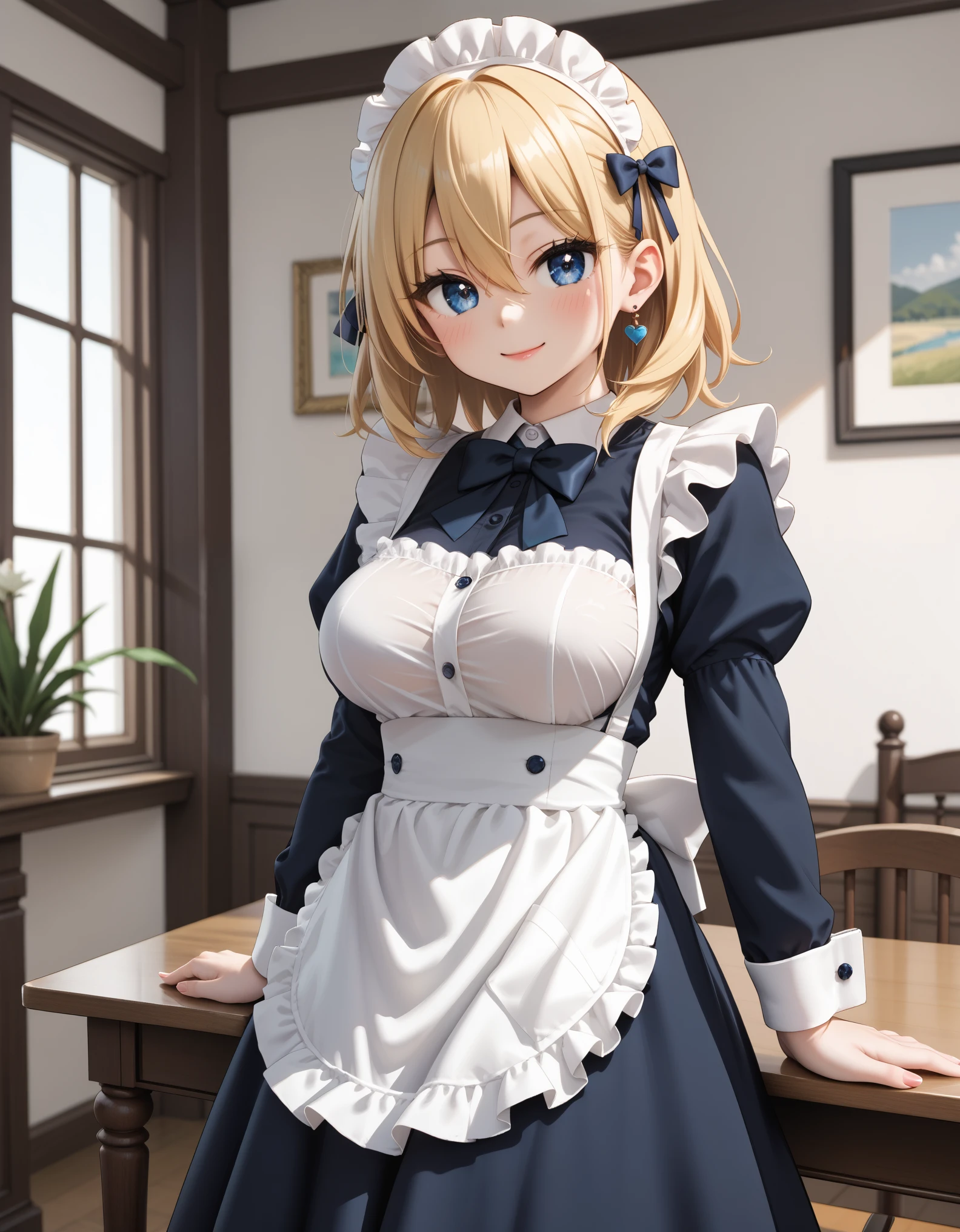 newest, masterpiece, best quality BREAK score_9, score_8_up, score_7_up, BREAK cute round face, slender, ultra detailed eyes, ultra detailed hair, ultra beautiful BREAK 1girl, solo, (classical maid:1.2), apron, blush, bow, bowtie, frilled apron, frills, long sleeves, maid, maid apron, maid headdress, waist apron, white apron, (maid costume, maid hair dress:1.3), long skirt, (holding skirt:-1), happy smile, closed mouth, standing, cowboy shot, looking at viewer, in cafeterrace, indoors, depth of field, ultra detailed background, medium large breasts, (cleavage:-1), (blonde hair, dark blue eyes), medium hair, hair between eyes